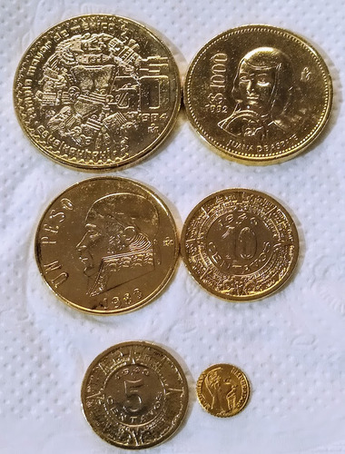 Set De 5 Monedas Mexicanas Con Chapa Color Oro !! (Usado)