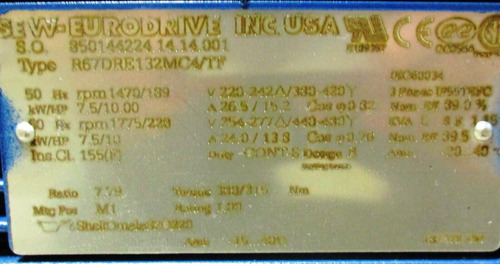 Sew Eurodrive R67dre132mc4/tf 10 Hp, 7.79:1 Ratio, 189 R Ccd