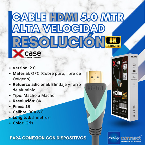 Cable Hdmi Xcase 5 Mts Ver 2.1 Macho-macho Soporta 8k