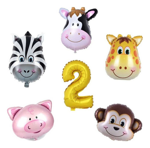 Kit Decoración  5 Globos Cumpleaños Animales 30cm+numero70cm