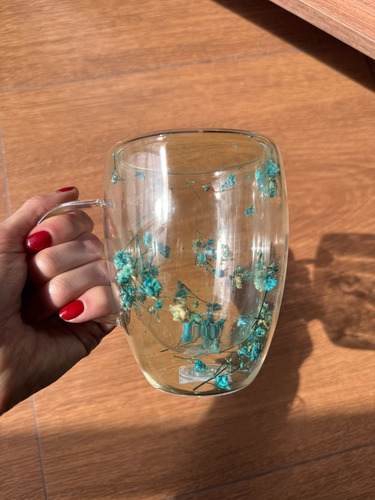 Taza Doble Vidrio Con Diseño De Flores 350ml