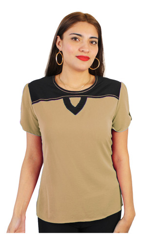 Blusa Bitono Con Detalle De Boton En Manga Corta Y Resalte