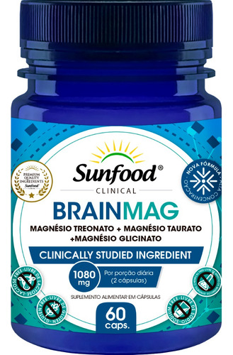 Brainmag Sunfood, treonato de magnesio, taurato y glicinato, 60 cápsulas, sabor sin sabor