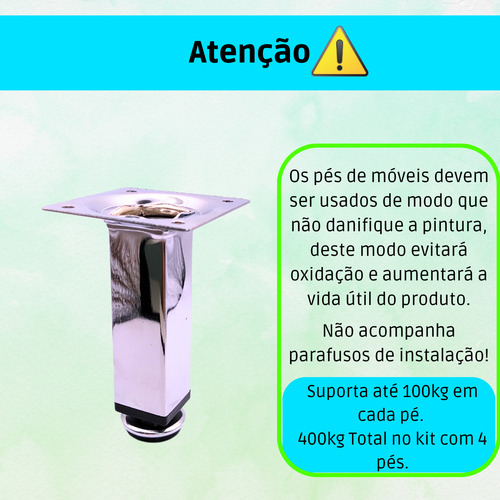 Kit 4 pé de armário ferro móveis regulável 15cm cromado sofá BF Prateado