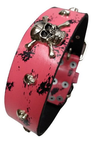 Collar Perro A Medida Cuero 100% Rosa Con Negro Y Calaveras 