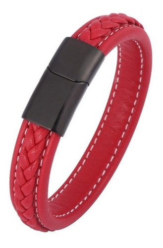 Pulsera Cuero Roja Broche Negro