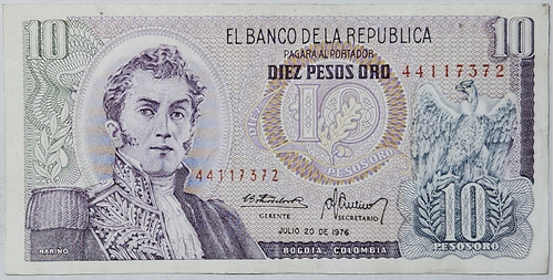 Billete 10 Pesos 20/jul/1976 Colombia Vf Letra Grande