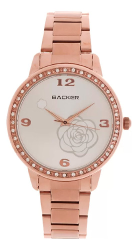 Relógio Backer Feminino Rose Flor E Strass 3067113f Kit Cor do fundo Prateado