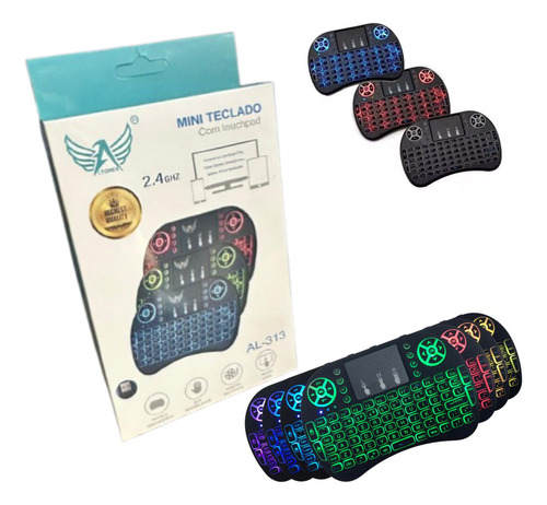 Mini Controle Led Teclado Sem Fio Tv Box Al- 313 Mouse Preto Teclado Preto