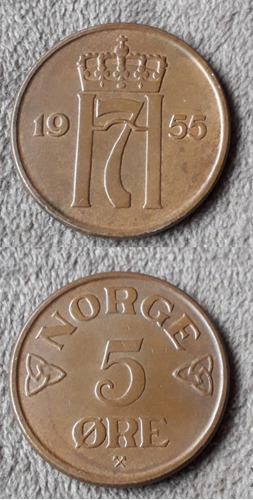 Moneda De Noruega De 5 Ore Año 1955 Excelente 