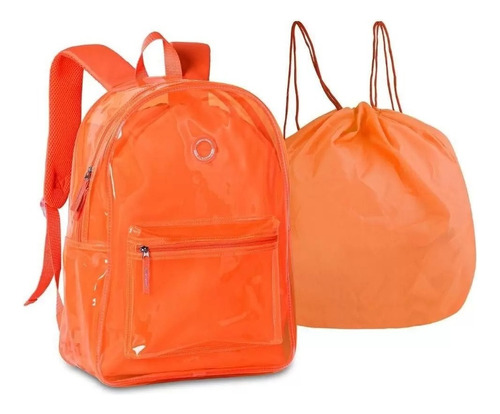 Mochila Juvenil Feminina Costas Neon Color Transparente Clio Cor Laranja