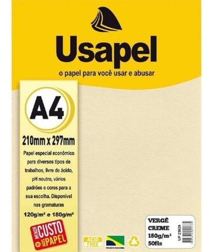 Papel Vergê Creme A4 180g C/50 Fls Usapel P/certificado