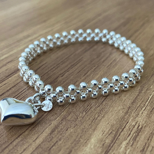 Imagen 5 de 10 de Pulsera De Plata 925 Bolitas Y Dije De Corazón Mujer Agálea