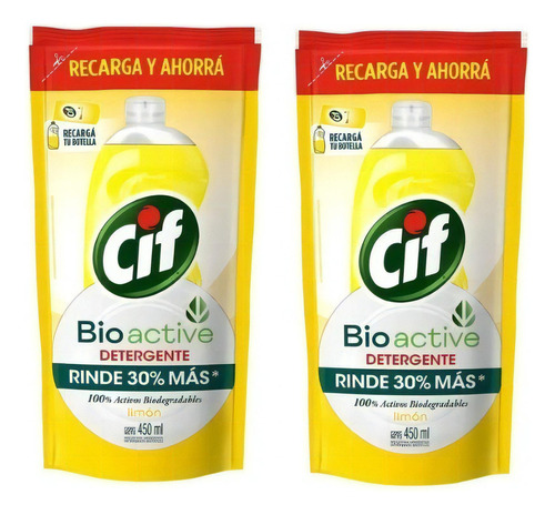 Pack Detergente Cif Active Gel Concentrado Limón 450ml X2