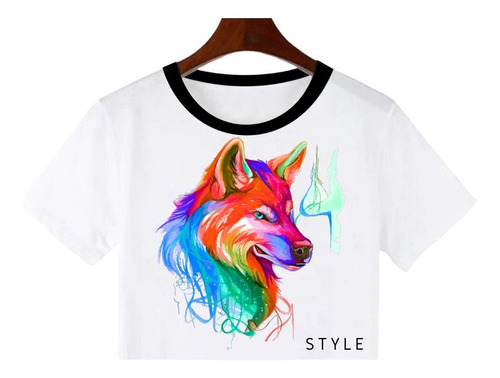 Playera Corta Crop Top Mujer Lobo Acuarela / Moda Casual