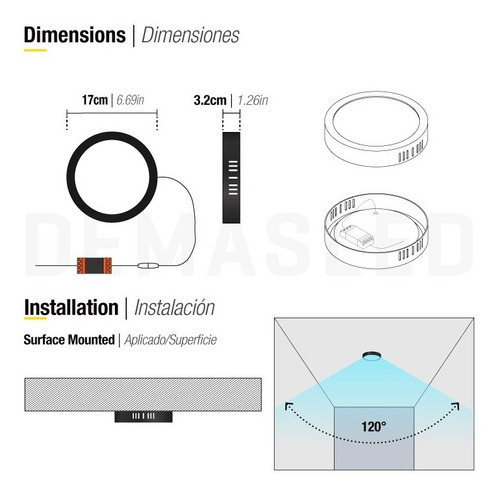 Pack 3 Focos Led Panel Redondo Sobrepuesto Negro 12w 220v Estructura Negro Blanco Frío 6000-6500 °K