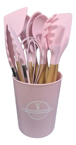 Imagen 1 de 4 de Set X 9 Kit Utensilios Silicona C/ Mango De Madera Premium