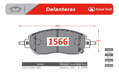 Pastillas De Freno Delanteras Gtx Great Wall Poer 2.0 2020+