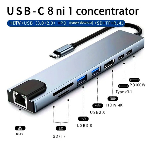 Adaptador Usb C Tipo-c 8-en-1 Con Convertidor De Hdtv A 4k P