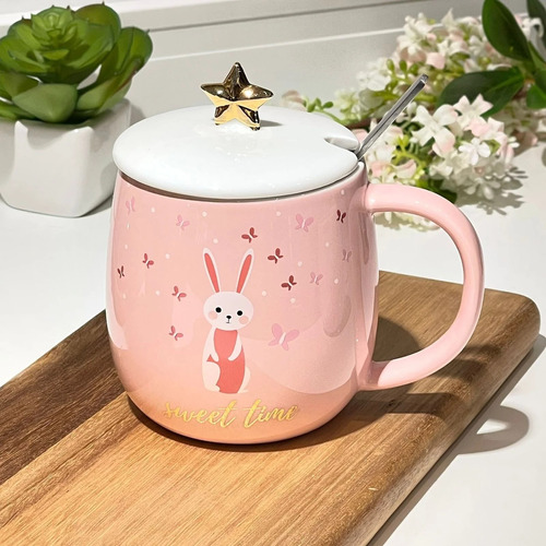 Mug Taza De Cerámica Con Tapa/cuchara Sweet Time Pink 400ml