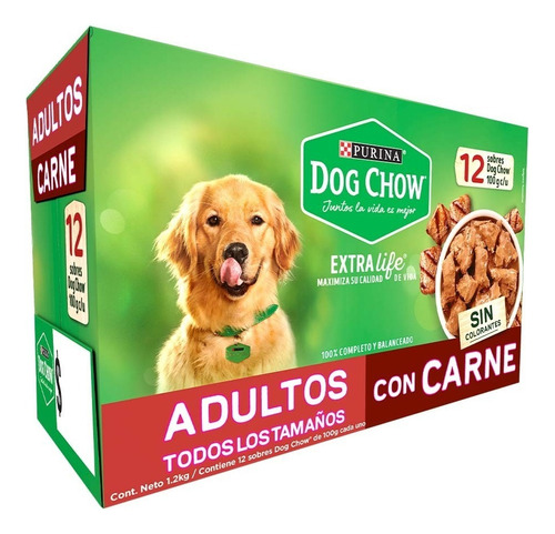 Alimento Dog Chow Perro Adulto 12 Sobres Sabor Carne X 100g