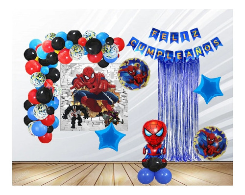 Imagen 1 de 5 de Kit Decoración Fiesta Infantil Spiderman Con Pendón Globos