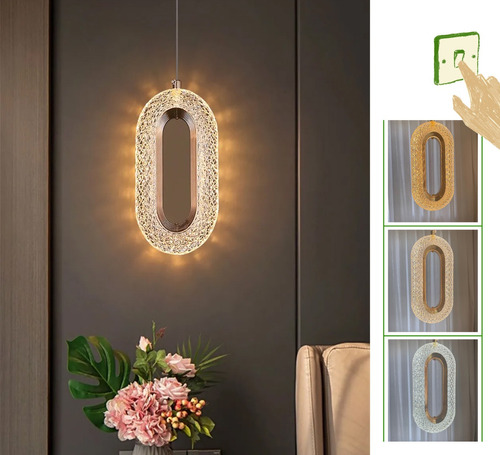 Pendente Oval Cristal Led Dourado Luz 3/1 Moderno Cabeceira