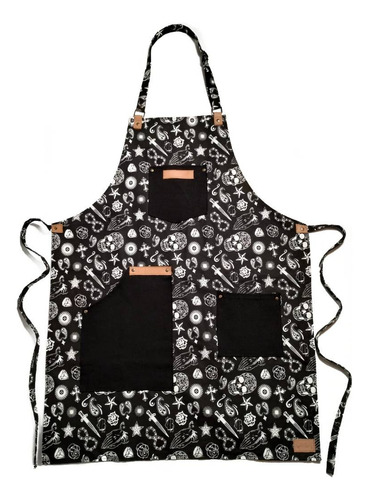 Delantal Gabardina Negra Y Cuero Vacuno Genuino Hogar Cocina