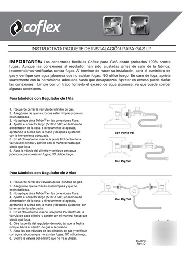 Manguera 1 Via 1.5m C/regulador Baja Presión Coflex Pg3b150e