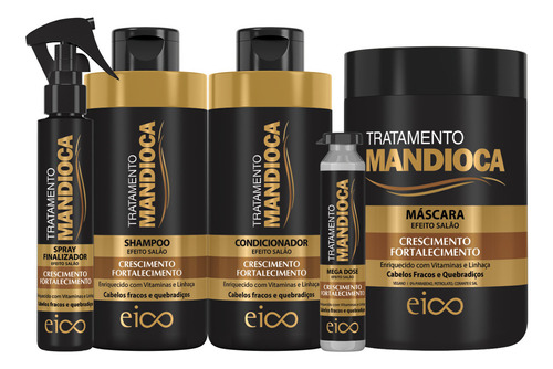 Eico Tratamento Mandioca Shampoo Condicionador 450ml + Máscara Hidratação 1kg + Spray Leave-in Protetor Térmico + Ampola