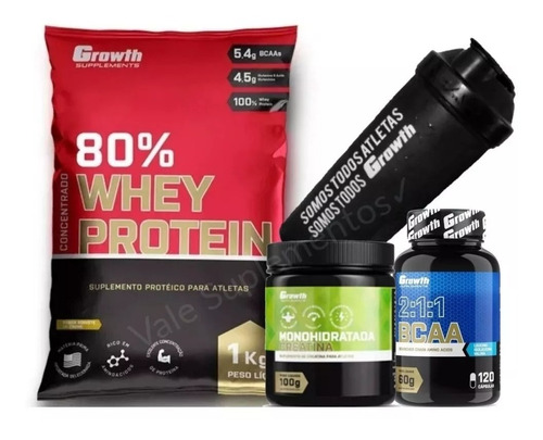 Whey  Growth 80%+bcaa+creatina+coqueteleira