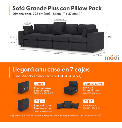 Sofá Sala Seccional Modular Plus De 4 Plazas + Pillow Pack | Gris Oscuro Liso
