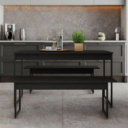 Conjunto Mesa De Jantar Industrial Com 2 Bancos - Preto