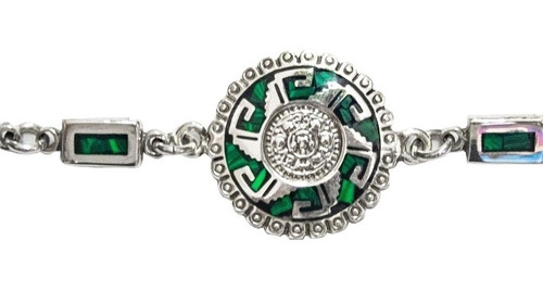 Pulsera Azteca De Plata 925 Con Piedra Verde Natural