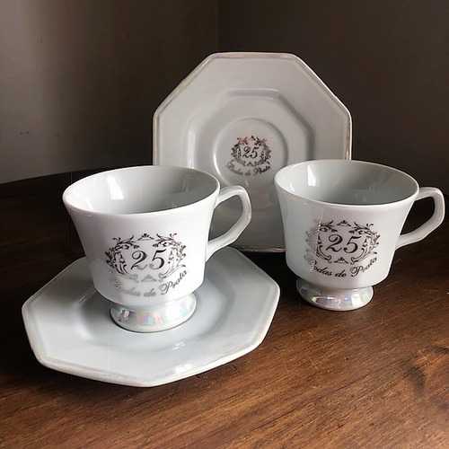 Kit 2 Xícaras Porcelana Oitavada Bodas De Prata