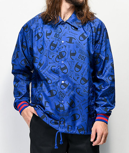 Chaqueta Cortaviento Champion Allover Tag Print Blue Satin Coach Jacket