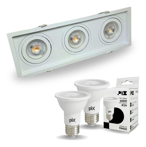 Spot Triplo Recuado Par20 Moon + 3 Lâmpada Led 7w 3000k Pix