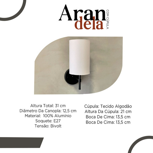 Kit 2 Arandela Preto Lateral De Cama / Quarto / Lavabo Em Aluminio Com Cupula Branco Tecido Algodao Soquete E27 Tensao 127/220V