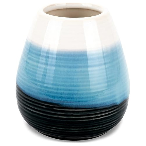 Vaso Decorativo Cerámico Azul Rayas Blancas 4 X 3.5