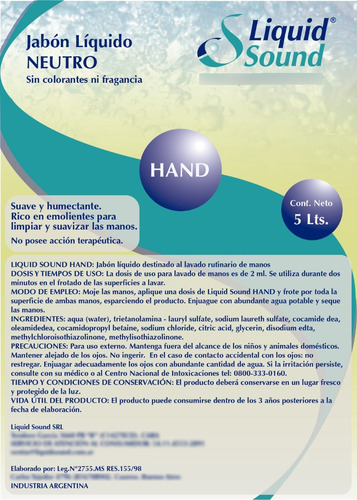 Imagen 4 de 4 de Jabón Neutro Liquid Sound Hand X 5 Lts Con Anmat