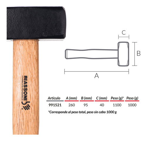 Maza Forjada 1 Kg - Cabo De Madera - Biassoni