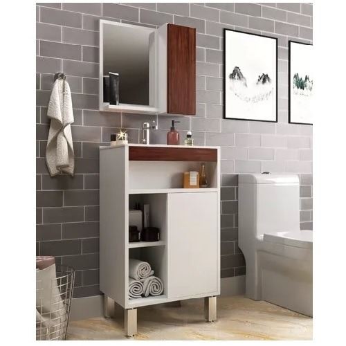 Mueble De Baño - Botiquin + Espejo + Pileta - Juego De Baño Cantidad de agujeros para grifería Un agujero Color de la bacha Blanco Color del mueble Blanco/Marrón