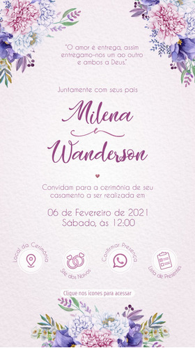 Convite Casamento Virtual Interativo Flores Lilas 123