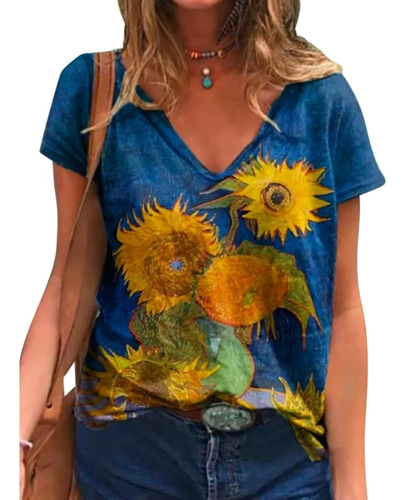Camiseta Con Cuello En V Estampado De Girasoles De Van Gogh