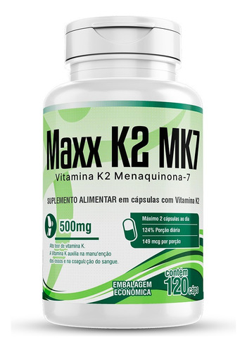 Vitamina K2 Mk-7 Menaquinona 120 Cápsulas Maxx K2 Mk 7 2/dia Sabor Sem Sabor