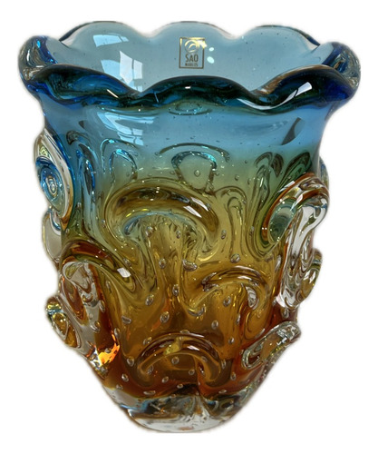 Vaso Em Cristal Murano Azul E Âmbar Cristais São Marcos 12cm
