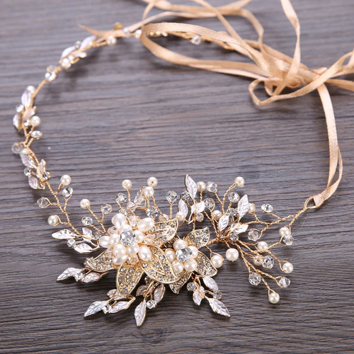Tiara Tocado Novia Corona Perlas Flores Xv Boda Nupcial