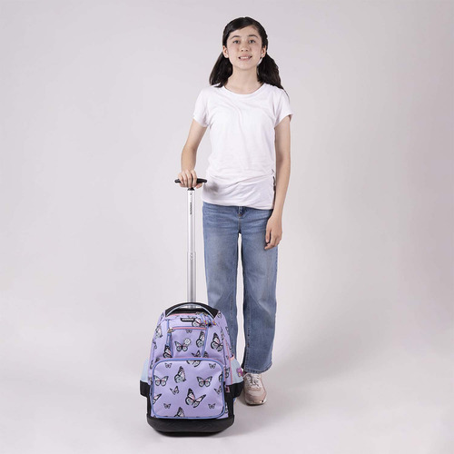 Mochila Grande Chenson De Baston Con Ruedas Luz Led Inobu Mariposas Color Morado Diseño De La Tela Liso