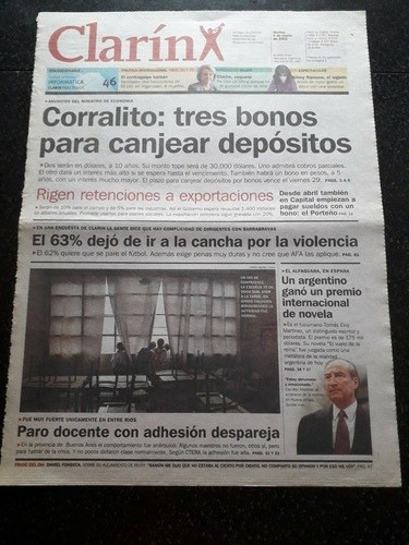 Tapa Diario Clarín 5 3 2002 Corralito Paró Docente Eloy Mart