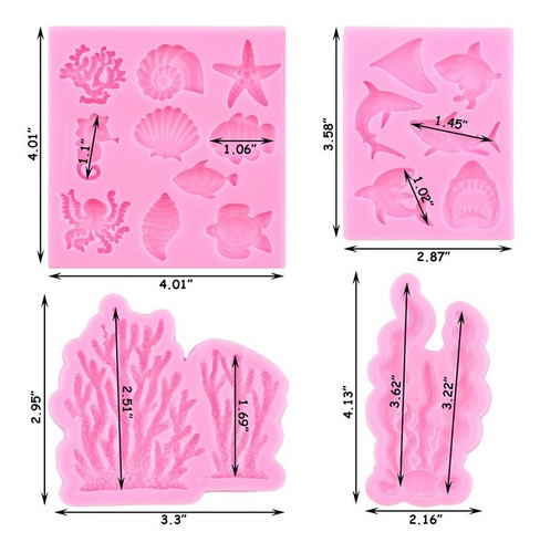 4pcs Molde De Silicona Coral Tiburón Cáscara Fondant Resina